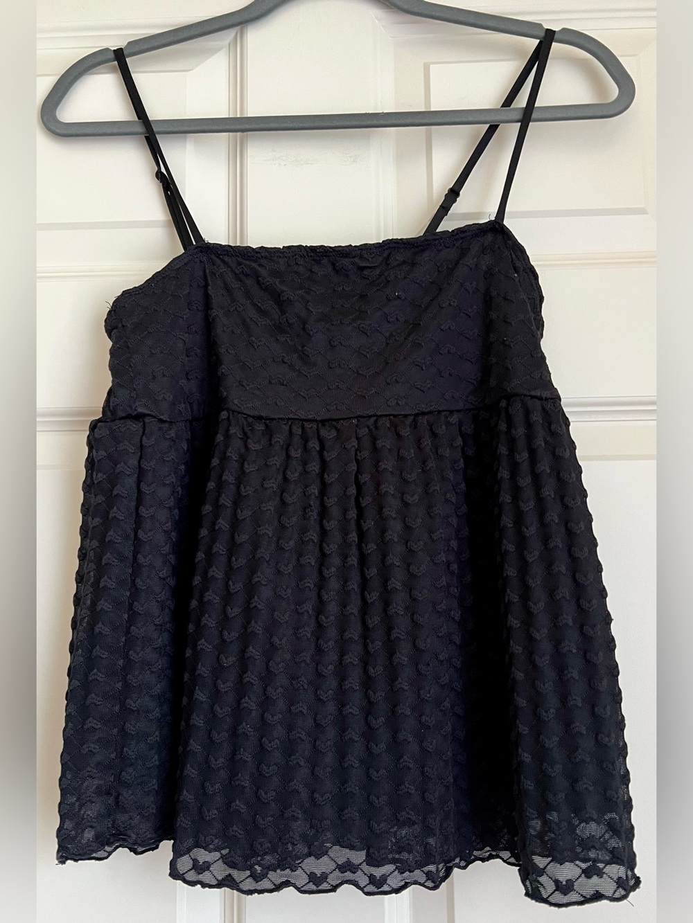 Faded Rose Black Lace Embroidered Overlay of Hearts Spaghetti straps Swing Top L